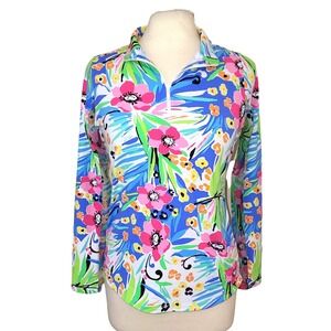IBKUL 1/4 Zip Mock Neck  Blue Pink Floral Golf Equestrian Stretch Sun Shirt S